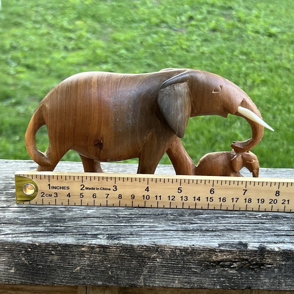 Hand Carved Kenya Wooden Elephant & Calf Connected Sculpture Safari Decor - Picture 7 of 8